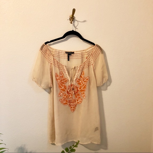 Love Stitch Tops - Neutral / Tan / Orange / Red Beaded Shirt - Medium